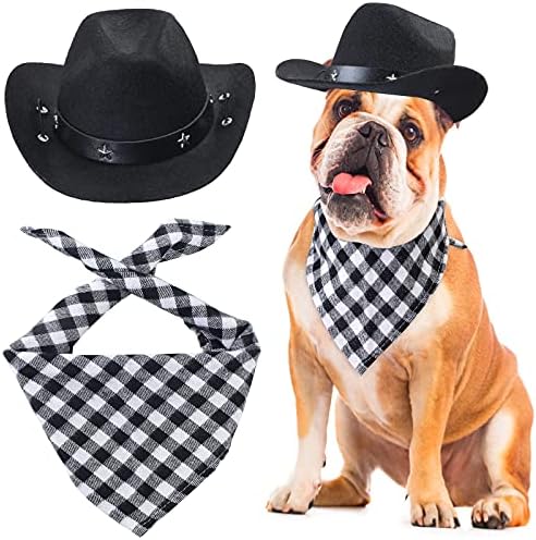 Yewong Pet Cowboy Costume Accessories Dog Cat Pet Size Cowboy Hat and Bandana Scarf West Cowboy Accessories for Puppy Kitten Party Festival and Daily Wearing Set of (Black hat+Black bib) by Yewong