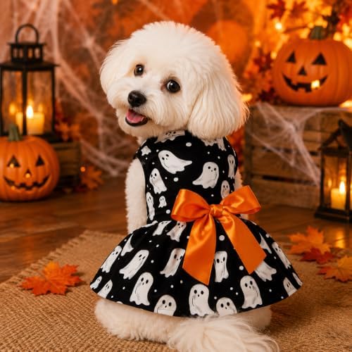 Halloween Dog Dress Ghost Print Pet Costume with Orange Bow Soft Fabric 5 Sizes for Small & Medium Dogs Cute & Comfortable Holiday Outfit - Image 2