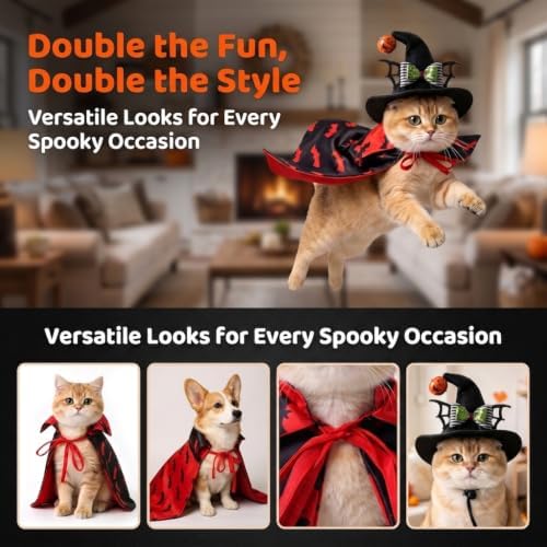 Halloween Pet Costume Set, Vampire Bat Cape with Witch Hat, Adjustable Pet Halloween Outfit for Small Medium Dogs Cats, Pet Cosplay Costume for Halloween Party Photo Props - Image 2