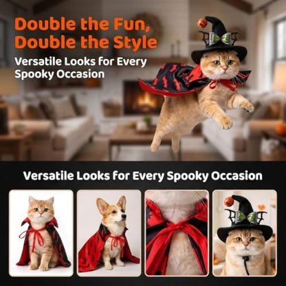 Halloween Pet Costume Set, Vampire Bat Cape with Witch Hat, Adjustable Pet Halloween Outfit for Small Medium Dogs Cats, Pet Cosplay Costume for Halloween Party Photo Props - Image 2