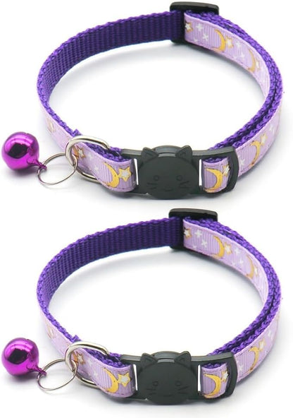 Reflective Cat Collars with Bell 2-Pack Girl Boy Pet Kitten Collar with Star Moon Patetrn Adjustable 7.5-12.5 Inch (Purple)