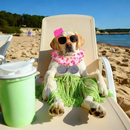 Hillban Dog Hawaiian Costume Hula Skirt Bikini Flower Lei Luau Party Outfit - Image 4