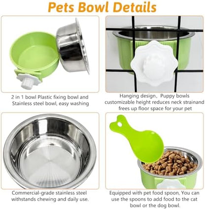 Hamiledyi Crate Dog Bowl Cat - Removable Stainless Steel Hanging No Spill Pet Bowl for Kennels Durable Detachable Design Fits Small Medium Dog Cages (2 Pcs, Green