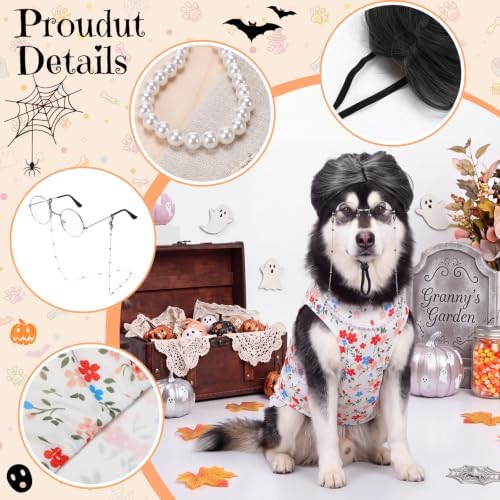 4Pcs Halloween Old Lady Costume Dog Grandma Outfit, Multicolor Floral, 4 XL - Image 4