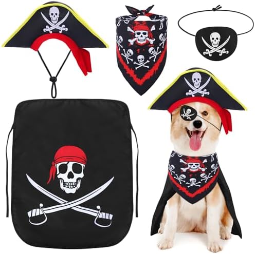 Huhumy 4 Pcs Dog Pirate Costume Hat Cape Bandana, Black, Medium by Huhumy