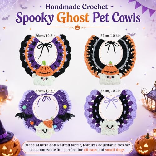 4 Pcs Halloween Cats Dogs Pets Crochets Handmade Collars Soft Wool Neck Collars Knitted Costume Photo Shoot Props Bibs for Multiple Family Matching Set (Cute Ghosts) - Image 2