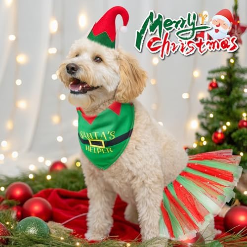 SCENEREAL Christmas Dog Bandana Dress with Hat Set, Pet Santa Costume for Small Medium Sized Dogs, Cute Tutu Skirt Outfit for Party Halloween - Image 2