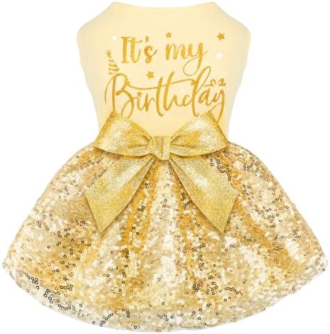 Birthday Dog Dress with Gold Sparkly Sequin Princess Dog Clothes for Small Medium Large Dogs Girls Boys Cats Outfit Apparel by BAOBICUTE