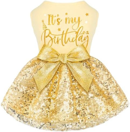 Birthday Dog Dress with Gold Sparkly Sequin Princess Dog Clothes for Small Medium Large Dogs Girls Boys Cats Outfit Apparel by BAOBICUTE
