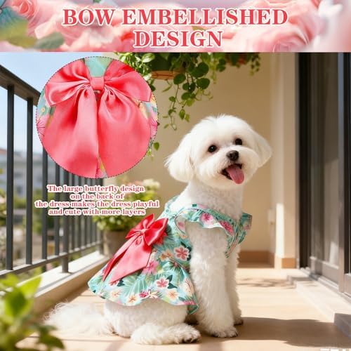 EXPAWLORER Dog Dress with Sleeve Ruffles, Floral Pet Dresses with Bow Tie for Small Meduim Dogs Puppy Cats Girl, Cute Princess Dog Dresses Skirt Clothes Outfits for Spring Summer, Green M - Image 5