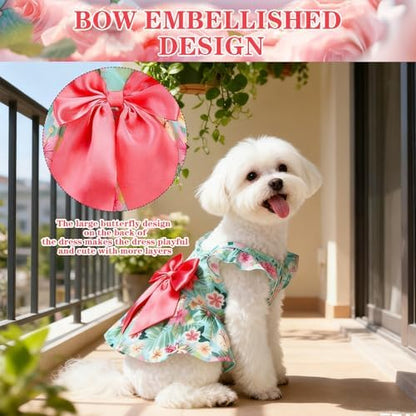 EXPAWLORER Dog Dress with Sleeve Ruffles, Floral Pet Dresses with Bow Tie for Small Meduim Dogs Puppy Cats Girl, Cute Princess Dog Dresses Skirt Clothes Outfits for Spring Summer, Green M - Image 5