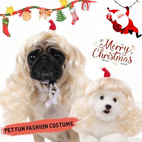 HOWWFALY Dog Costume Long Blonde CurlyWigs with Small Red Christmas Hat StylingCute Funny Pet Costumes AccessoriesDecoration for Halloween, Christmas, Parties - Image 3