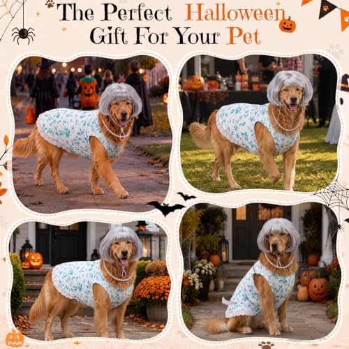 4Pcs Halloween Old Lady Costume Dog Grandma Outfit, Blue Ditsy Floral, 3 XL - Image 6