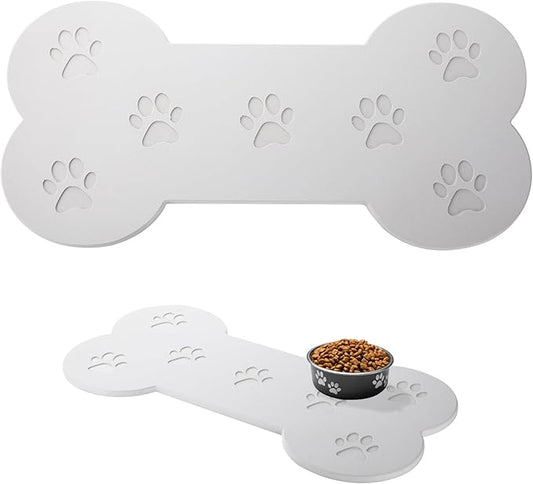 Diatomaceous Earth Dog Food Mat, Large 19.6"x9.8" Bone Shape with Paw Print Design, Super Absorbent Fast Drying Non-Slip Pet Bowl Mat for Food and Water, Waterproof Floor Mat for Small Medium Dogs