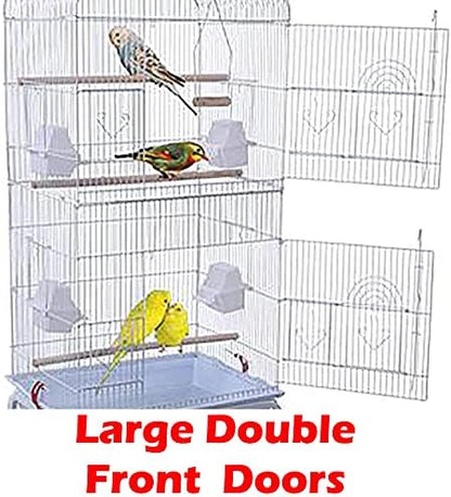 38-Inch Double Roof Top Large Flight Bird House Cage with Toys & Climbing Ladder for Cockatiels Parakeets Aviary Budgie Finch Lovebird Canary Pet Bird Travel Cage Side Nest Box Doors