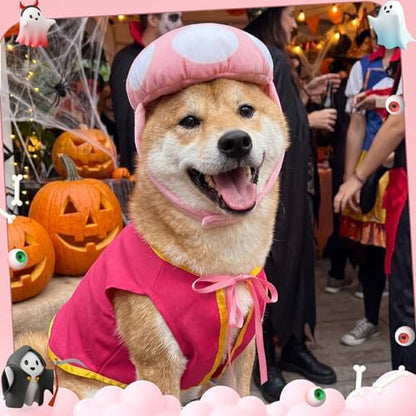 Huhumy 2 Pcs Halloween Dog Mushroom Costumes Pink Mushroom with White Hat - Image 6