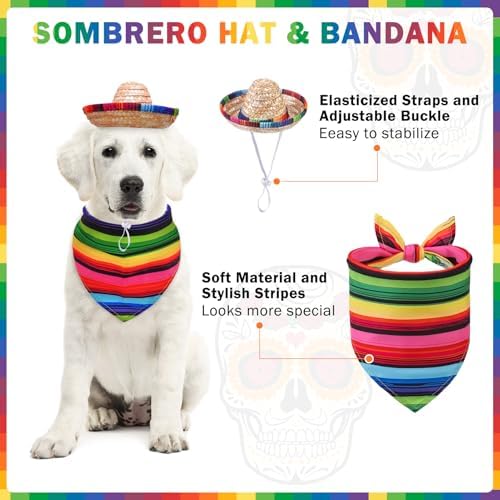SCENEREAL Mexican Serape Dog Halloween Costume, Dog Hat Bandana Poncho Set - Image 5