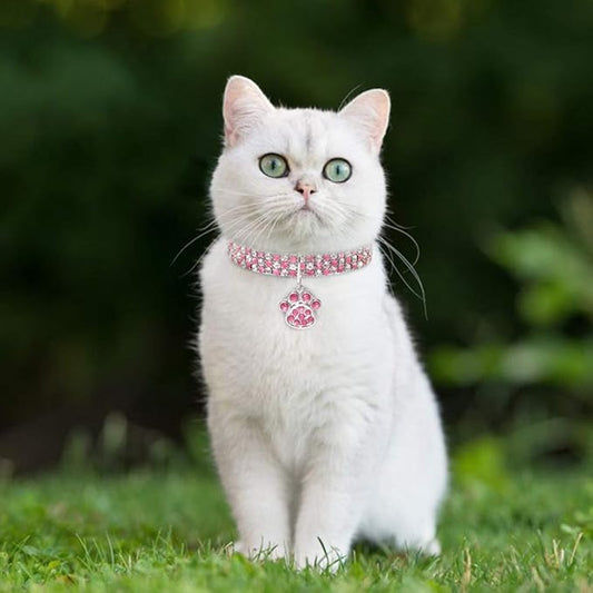 Pet Collar with Diamonds, Adjustable Crystal Diamond Elastic Heart Claw Pendant Wedding cat and Dog Small pet Necklace Jewelry