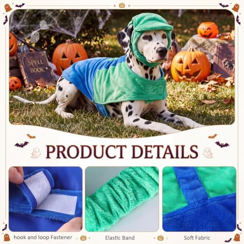 Newcotte Dog Halloween Costume Set Funny Green Overalls Outfit with Hat Retro Buddy Themed Dog Clothes for Cosplay Party(X-Large) - Image 2