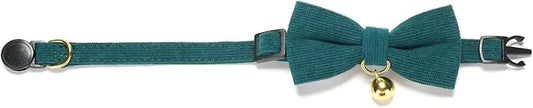 Cotton Breakaway Kitten Collar with Bow Tie and Bell Adjustable Cute Soft Corduroy Cat Collars for Small Cats(Dark Green,XS)