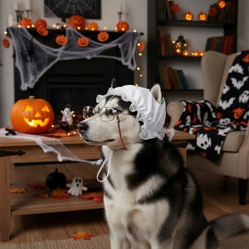 Haysandy 2 Pcs Halloween Dog Old Lady Costume Mop Cap Grandma Glasses - Image 4