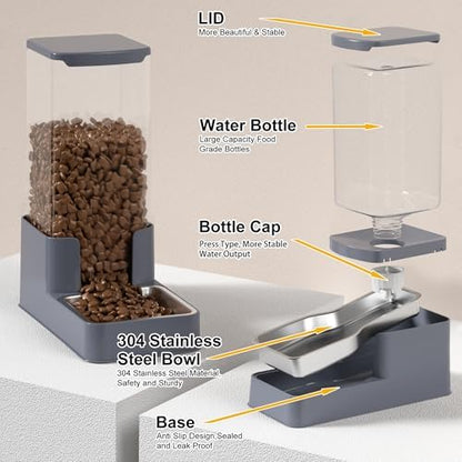 Automatic Cat Feeder and Water Dispenser in Set with Pet Food Bowl,Gravity Dog Waterer and Food Feeder for Small Medium Dog Cat Puppy Kitten Large Capacity(3.8L,Grey,Stainless Steel Bowl)