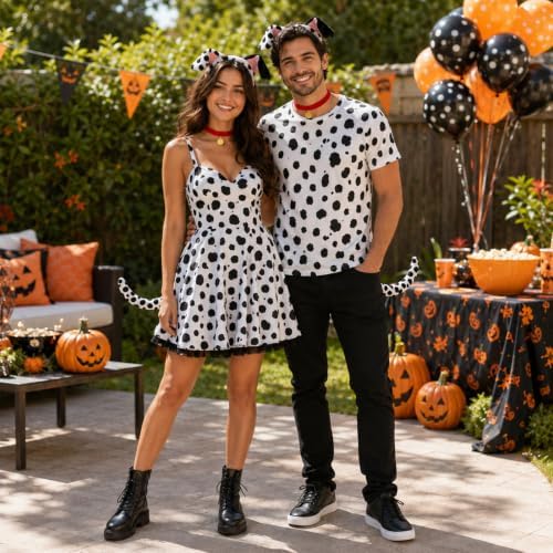 Halloween Dalmatian Costume Set Include Dog Ear Headbands Velvet Choker Tails for Adults Party Dress Up - Image 5