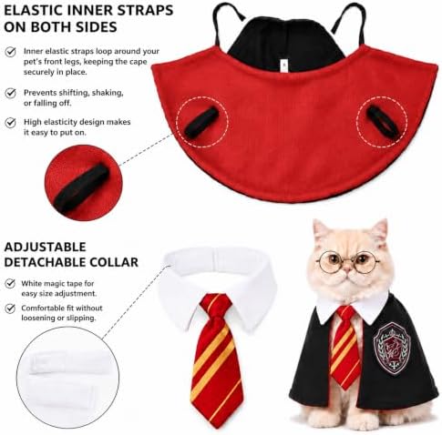 Dog Cat Wizard Costume, Halloween Pet Cape with Necktie & Glasses, L - Image 4