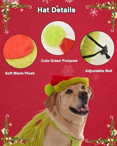 Small Large Dog Green Monster Costume with Christmas Hat,5XL - Image 6