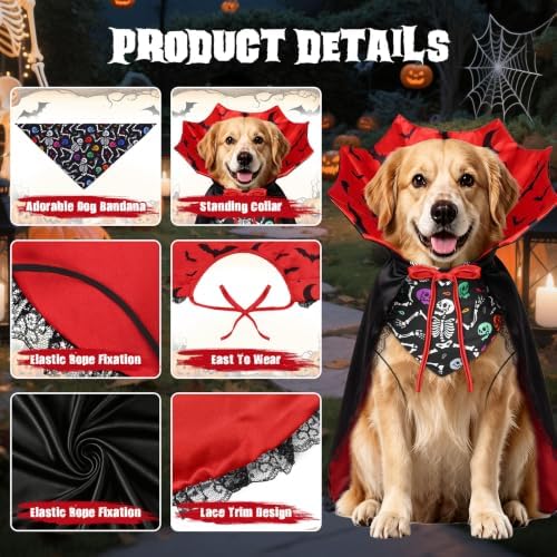 Dog Halloween Costumes with Black Bandana, Dog Vampire Cloak Cape(Red,M) - Image 2
