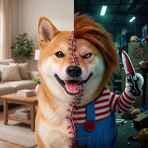 Deadly Doll Dog Costume for Small Medium Large Dogs, Funny Pets Cosplay Halloween Dog Clothes for Party, Walking Illusion Puppy Outfit with Wig and Knife - Image 5
