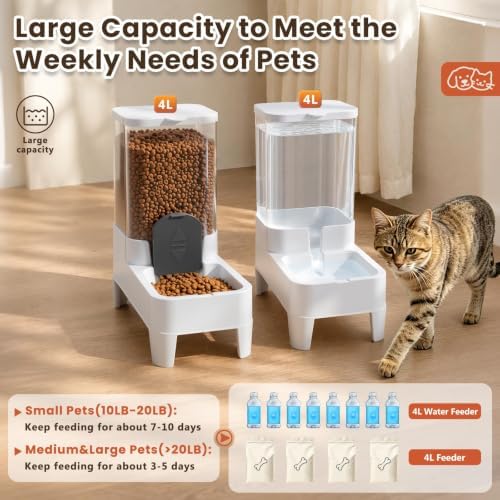 Automatic Cat Feeder and Water Dispenser Set, Top Fill Water&Food Gravity Feeder with Bowl,Easy to Hand-Washable,Elevated Base Design,Suitable for Small&Medium Cat and Dog(4L,White)