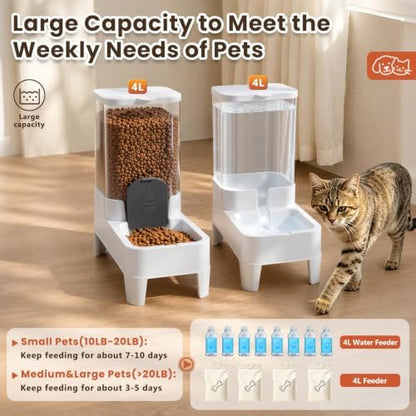 Automatic Cat Feeder and Water Dispenser Set, Top Fill Water&Food Gravity Feeder with Bowl,Easy to Hand-Washable,Elevated Base Design,Suitable for Small&Medium Cat and Dog(4L,White)