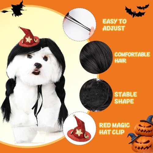 HOWWFALY Dog Costume Long Black BraidHair with Small Red Wizard Hat Styling CuteFunny Pet Hair Accessories Decoration forHalloween, Christmas, Parties - Image 3