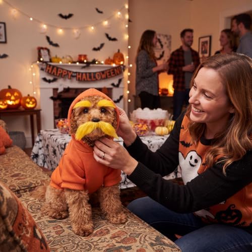 Huhumy Halloween Orange Costume for Dogs, S,Hoodie, Mustache and Eyebrows - Image 4