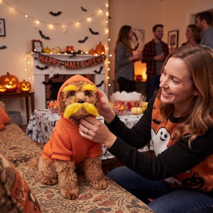 Huhumy Halloween Orange Costume for Dogs, S,Hoodie, Mustache and Eyebrows - Image 4