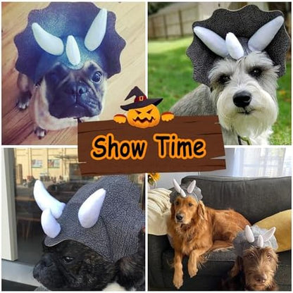 Triceratops Dog Halloween Costume Dinosaur Headpiece Hat with Elastic Strap - Image 5
