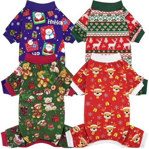Xpudac 4 Pack Dog Christmas Pajamas Reindeer Puppy Clothes Cute Santa Claus Dog Pajamas Costumes Outfit Red Green, 4XL by XPUDAC