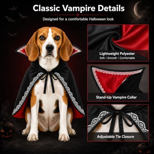 Halloween Dog Vampire Costume, Dog Halloween Costumes for Small Dogs, Dracula Dog Costume with Stand-Up Collar, Lace Trim and Adjustable Tie - Image 2