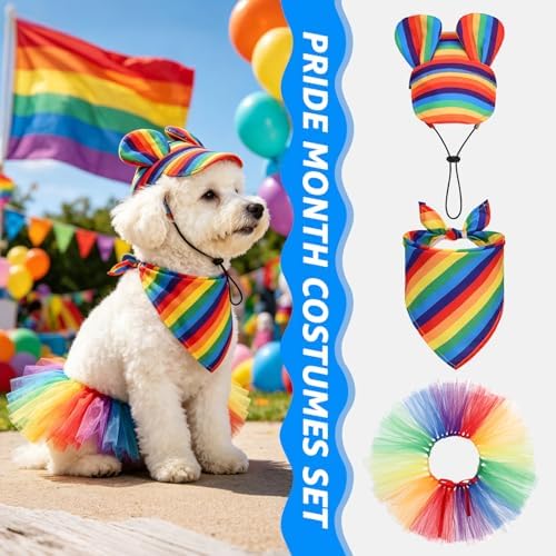 SCENEREAL Dog Pride Costume Small Medium Dogs, Rainbow Dog Bandana Hat Dress Set, 3pcs Pet Party Supplies, Cute Tutu Pride Accessories - Image 3