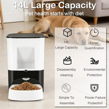 14L Large Automatic Dog Feeder for Large Breeds – Programmable Timed Pet Food Dispenser with Voice Recording, Dual Power Supply & Moisture-Proof Locking Lid