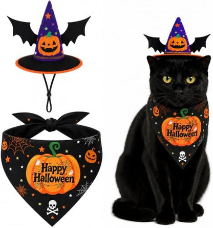 2 Pcs Halloween Pet Hat Bandana Set, Witch Pumpkin Costumes for Cats by EBaokuup
