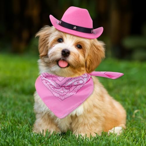 Yewong Pet Cowboy Costume Accessories Dog Cat Pet Size Cowboy Hat and Bandana Scarf West Cowboy Accessories for Puppy Kitten Party Festival and Daily Wearing Set of 2 (Pink) - Image 4