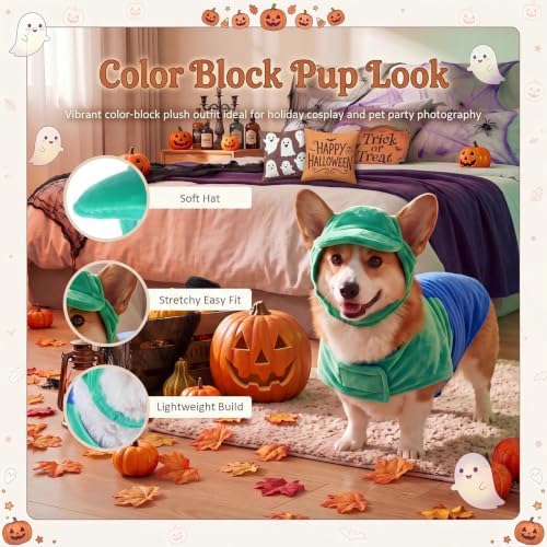 Newcotte Dog Halloween Costume Set Funny Green Overalls Outfit with Hat Retro Buddy Themed Dog Clothes for Cosplay Party (Medium) - Image 3