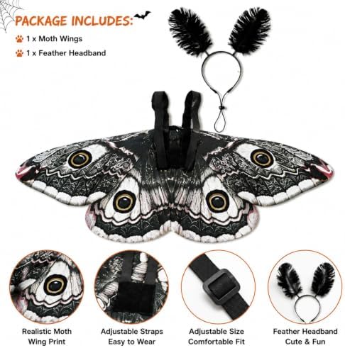 Dog Cat Moth Wings Halloween Costume with Feather Headband (Black) - Image 3