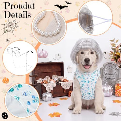 4Pcs Halloween Old Lady Costume Dog Grandma Outfit, Blue Ditsy Floral, 3 XL - Image 3