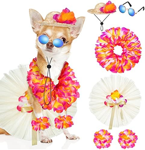Chunful 6 Pcs Dog Hawaiian Costume, Tutu Skirt Sunglasses Hat for Puppy by Chunful