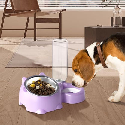 Automatic Cat Dog Bowls with Water Dispenser - 15° Tilted Stainless Steel Food & Water Bowl Set, Detachable Leakproof Pet Feeder for Small Medium Pets, Non-Slip Easy Clean Design (PL)
