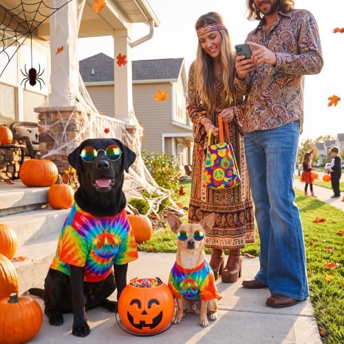Kinlop 4 Pcs Hippie Dog Costume Halloween Pet Costume Accessories Includes 60s 70s Colorful Tie Dye T-Shirt Funky Wig Peace Sign Necklace and Sunglasses for Party Dress Up(XL) - Image 5