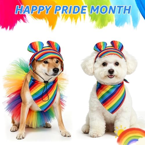 SCENEREAL Dog Pride Costume Small Medium Dogs, Rainbow Dog Bandana Hat Dress Set, 3pcs Pet Party Supplies, Cute Tutu Pride Accessories - Image 2